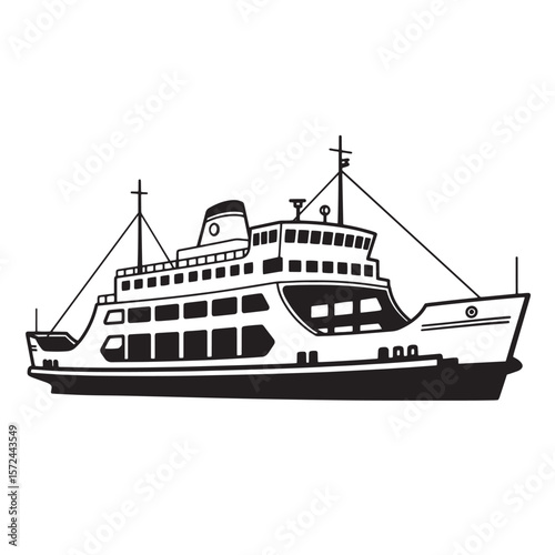 Black and white illustration of a ferryboat for transportation and travel purposes