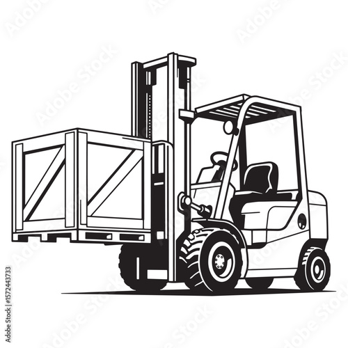 Black and white illustration of a forklift transporting a wooden crate for industry and logistics