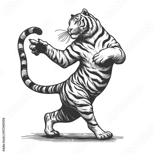 Dancing Tiger sketch engraving generative ai fictional character vector illustration. Scratch board imitation. Black and white image.