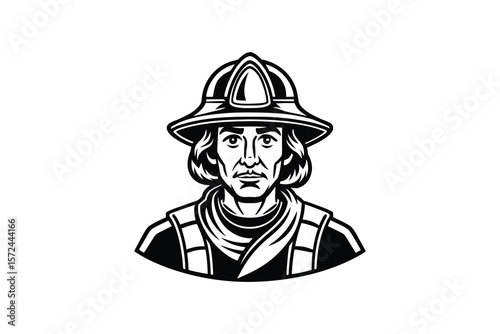 Monochrome Illustration of a Firefighter Wearing a Helmet and Protective Gear