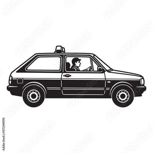 Black and white illustration of a retro car with a driver in the vehicle