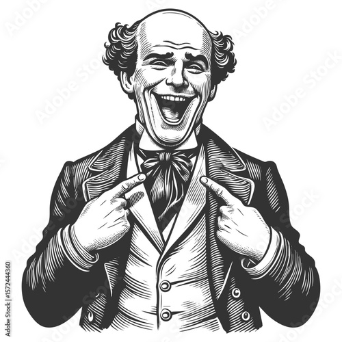 joyful bald man in vintage attire, laughing and pointing confidently at himself with both hands sketch engraving generative ai fictional character vector illustration. Scratch board. Black and white.