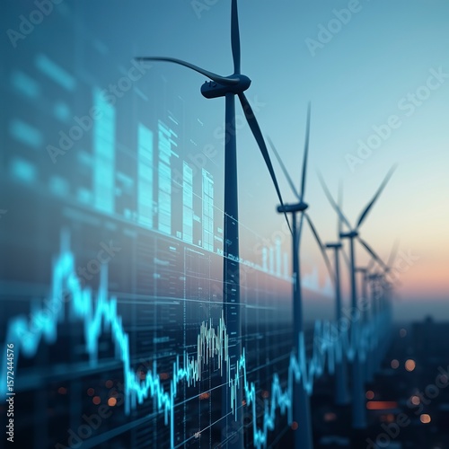 A wind turbine with graphs and charts on the screen behind it, representing green energy market data in an urban setting.
