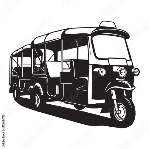 Black and white illustration of a traditional thai tuk tuk isolated on white background