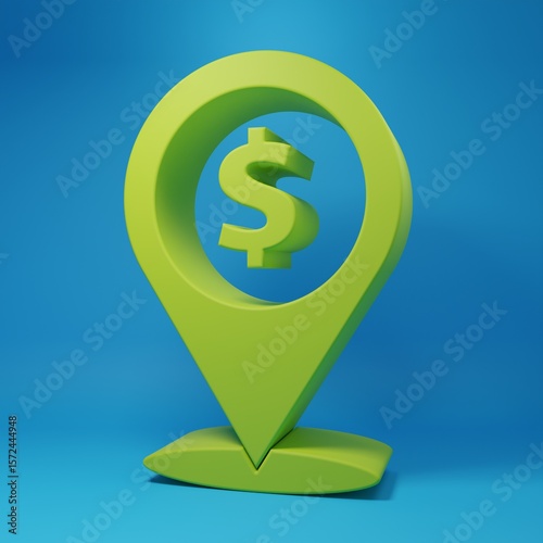 Green Cash location pin icon isolated on blue background. Pointer and dollar symbol. Money location. Business and investment concept. Minimalism concept. 3D render illustration