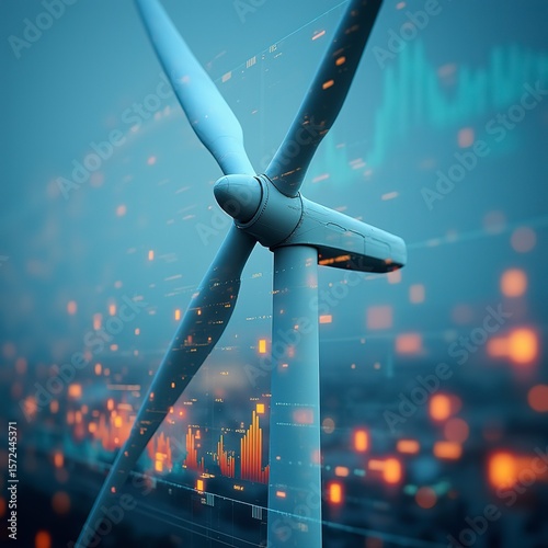 A wind turbine with graphs and charts on the screen behind it, representing green energy market data in an urban setting.