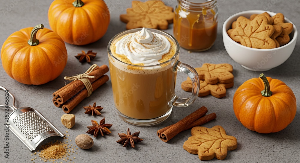 Fototapeta premium A pumpkin spice latte with whipped cream and autumn decorations