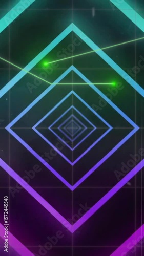 Animation of glowing blue and purple diamond tunnel over green network on black background