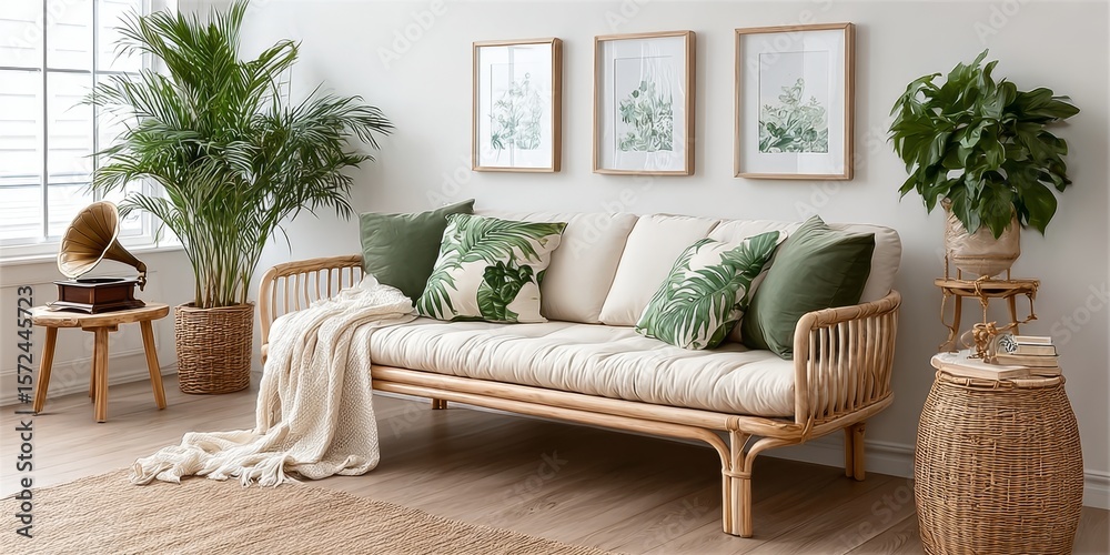 Fototapeta premium Scandinavian Comfort Meets Tropical Dcor A Stylish Living Space with Sofa, Plants, and Art