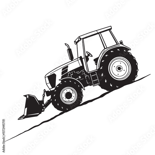 Black and white vector illustration of a farm tractor with front loader on a sloping terrain