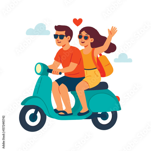 Smiling couple riding a scooter on summer vacation, girl waving with joy and heart above them. Fun travel moment in flat cartoon style on white background. Vector illustration.