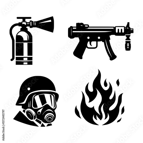 Set of icons representing firefighting security and danger