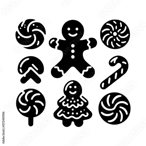 Collection of black and white christmas holiday cookie icons