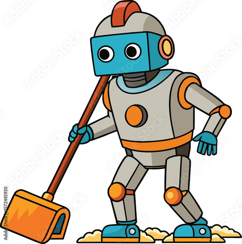 Cartoon Robot Sweeping with Broom Cleaning Up Dust Isolated on White Background Vector Illustration