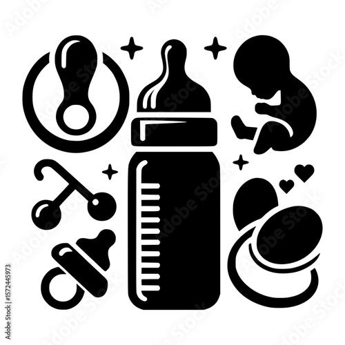 Collection of black baby icons featuring bottle pacifier and newborn silhouette