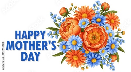 A festive happy mothers day greeting card with a beautiful bouquet of orange and blue flowers