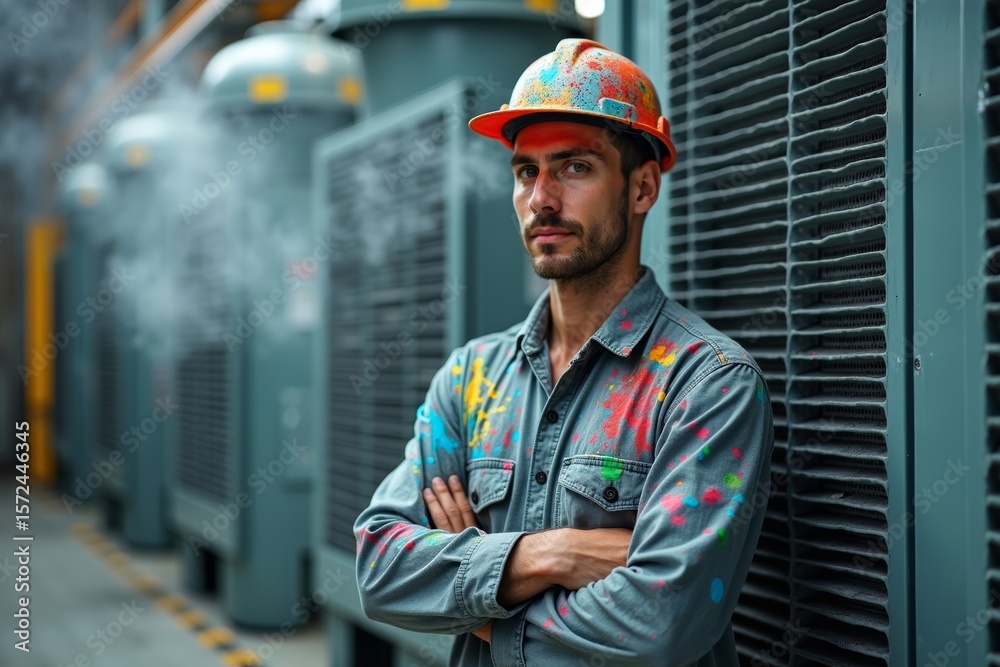 Industrial Air Conditioning Technician Covered in Paint Splatters Poses Confidently in Front of Giant HVAC Cooling System with Mist Rising Industrial Air Conditioning Technician Covered in Paint Splatters Poses Confidently in Front of Giant HVAC Cooling System with Mist Rising