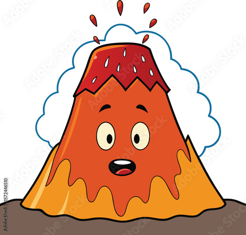 Cartoon Volcano Erupting with Lava and Smoke Featuring a Surprised Expression Isolated on White Background