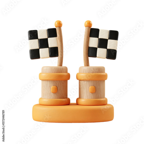 Two checkered flags on wooden stands 3D render on transparent background