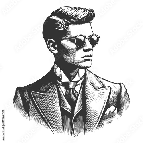 confident young man in a suit and sunglasses, blending classic elegance with modern flair sketch engraving generative ai fictional character vector illustration. Scratch board. Black and white image.