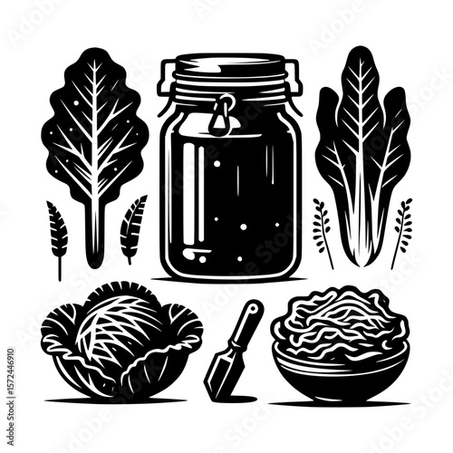 Black and white illustration of preserved vegetables and kitchen tools
