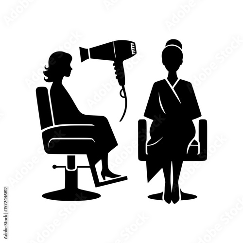 Stylist and client silhouettes with hair dryer in salon setting