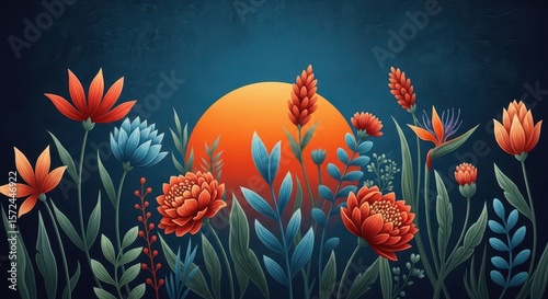 A vibrant floral illustration features colorful flowers and leaves against a dark blue background