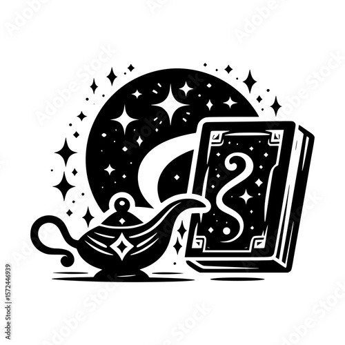 Enchanted lamp and spellbook under a starry crescent moon