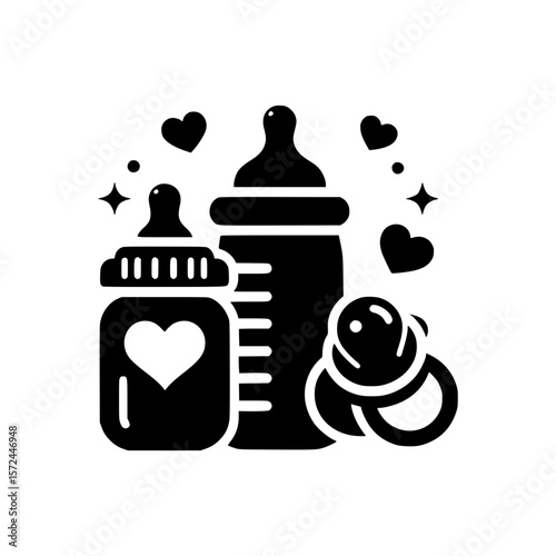 Baby bottle and pacifier with hearts and stars icon