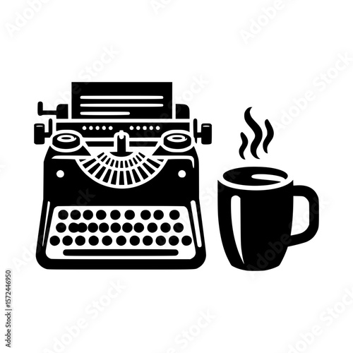 Vintage typewriter and steaming coffee mug icon for writers