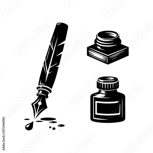 Classic quill pen and ink bottles for writing and calligraphy