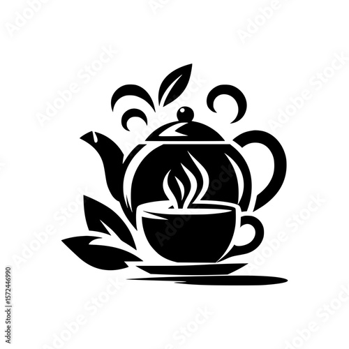 Stylized black silhouette of a teapot and steaming cup with leaves