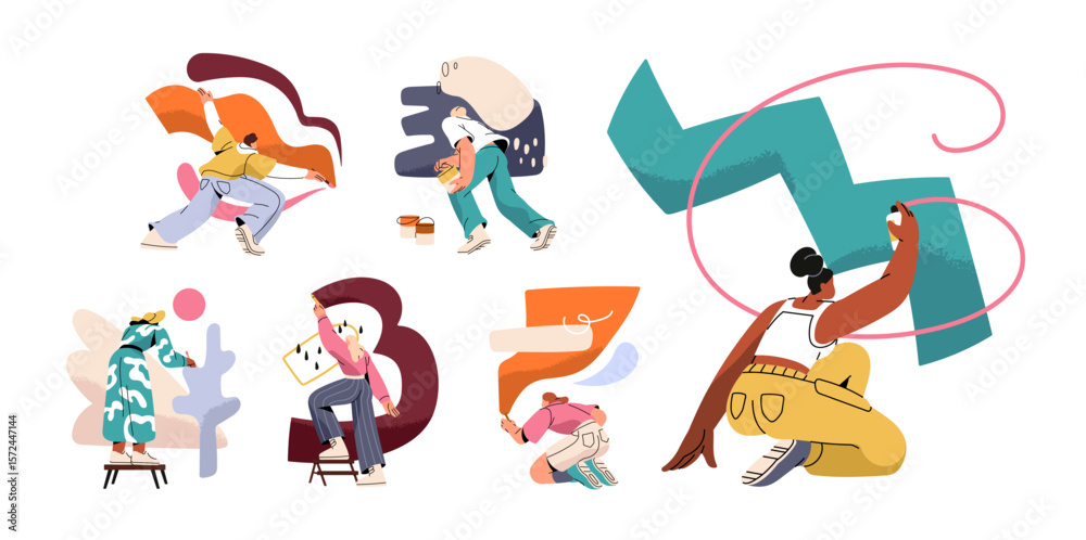Obraz premium Set of people painting on the wall back view. Talented painters create modern graffiti. Creative artists are drawing pictures of abstract art with paint. Flat isolated vector illustrations on white
