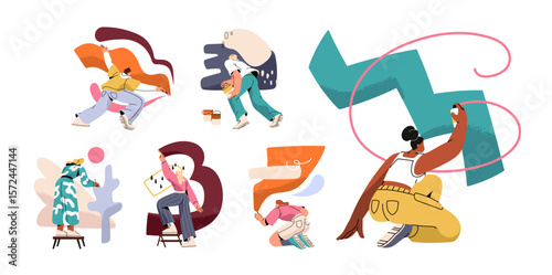 Set of people painting on the wall back view. Talented painters create modern graffiti. Creative artists are drawing pictures of abstract art with paint. Flat isolated vector illustrations on white