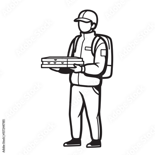 Delivery person holding pizzas ready to deliver food order in simple black and white illustration