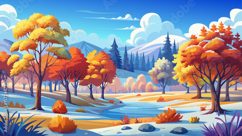Vibrant autumn landscape with colorful trees under a clear blue sky. A frosty meadow sparkles in the cold November morning, with hoarfrost covering the grass. Peaceful and wild