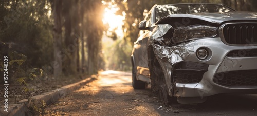 The damaged silver car rests quietly on a deserted road illuminated by sunset.