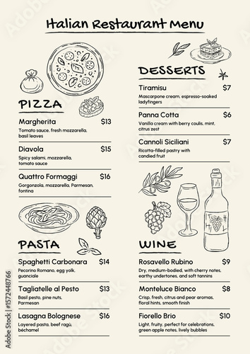 Hand drawn Italian restaurant menu template with pizza, pasta, dessert and wine sections. Vintage sketch style food illustrations, editable vector layout for cafe, restaurant.