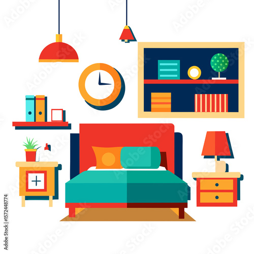 Modern living room and bedroom interior design with furniture vector illustrations and home office icons