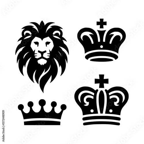Stylized lion head and royal crowns emblematic symbols