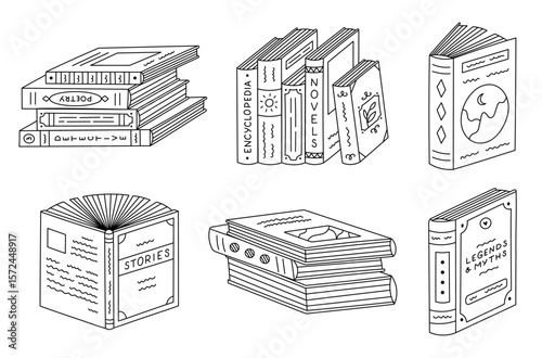 Lovely black and white set with library and bookstore doodle. Trendy hand drawn stack of books, literature standing in row, legends, myths, love stories, poetry. Reading line icon isolated on white.