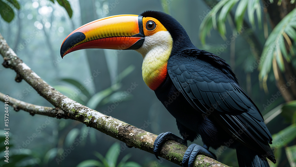 Naklejka premium Vibrant Toucan Perched on a Moss-Covered Branch in a Lush Rainforest with Soft Lighting and Rich Tropical Foliage