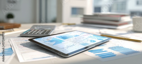The tablet displaying financial graphs on a stylish office desk