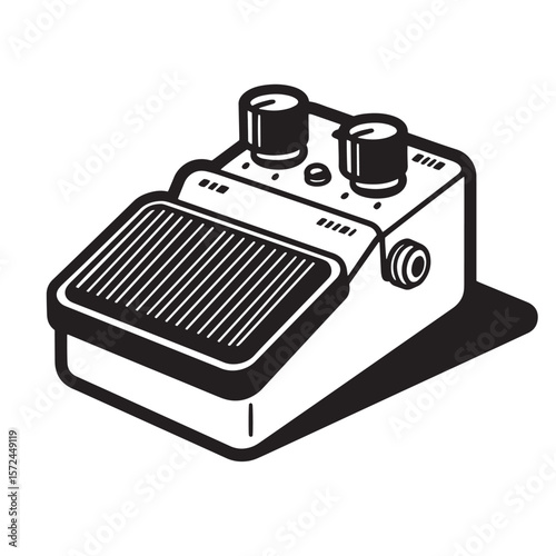 Isolated black and white illustration of a wah wah pedal for electric guitar effects