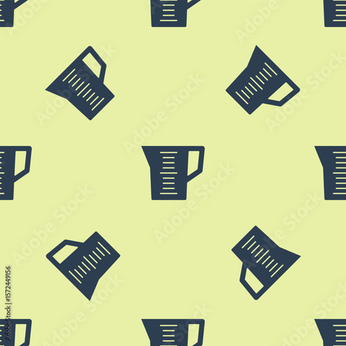 Blue Measuring cup to measure dry and liquid food icon isolated seamless pattern on yellow background. Plastic graduated beaker with handle. Vector