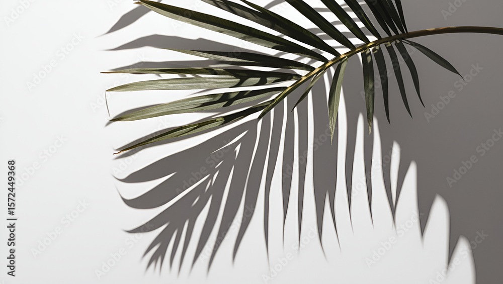Obraz premium Realistic palm leaf shadow overlay on white background, natural tropical plant shadow, perfect for product mockup presentations.