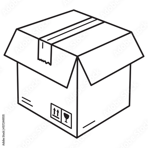 Open cardboard box outline icon with shipping instructions for packaging and delivery