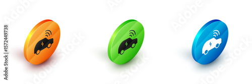 Isometric Smart car system with wireless connection icon isolated on white background. Remote car control. Circle button. Vector