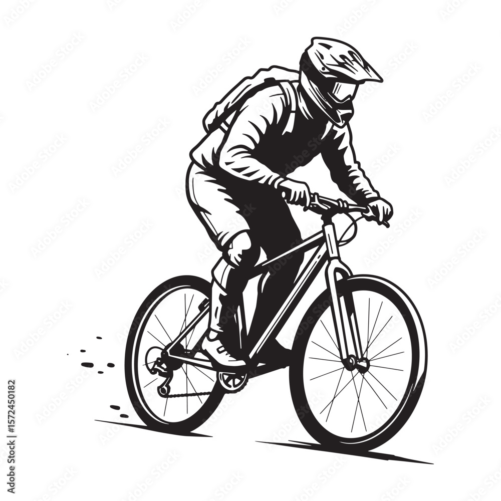 Obraz premium Silhouette of a mountain biker wearing helmet and backpack riding bicycle vector illustration