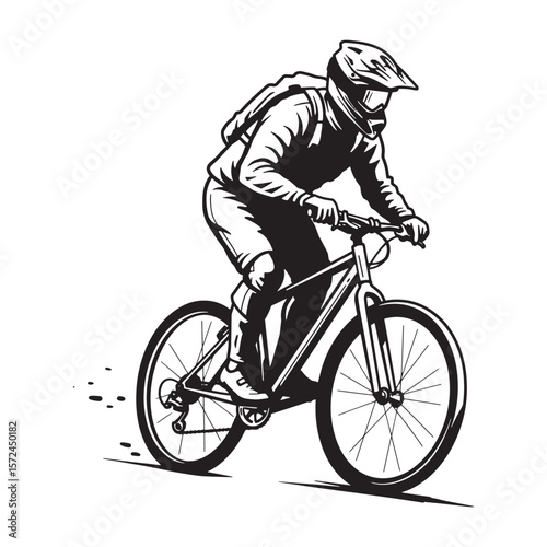 Silhouette of a mountain biker wearing helmet and backpack riding bicycle vector illustration